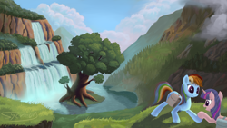 Size: 4000x2250 | Tagged: safe, artist:sycreon, derpibooru import, rainbow dash, twilight sparkle, pegasus, pony, female, grass, grin, holding hooves, lake, lesbian, mare, mountain, open mouth, saddle bag, scenery, shipping, smiling, tree, twidash, valley, waterfall