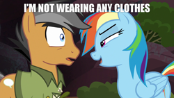 Size: 1280x720 | Tagged: safe, derpibooru import, edit, edited screencap, screencap, quibble pants, rainbow dash, pegasus, pony, stranger than fan fiction, female, image macro, male, meme, quibbledash, rainbow dash seduces quibble pants, shipping, straight, we don't normally wear clothes