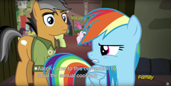 Size: 1920x970 | Tagged: safe, derpibooru import, screencap, quibble pants, rainbow dash, pegasus, pony, stranger than fan fiction, meme, youtube caption