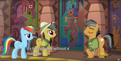 Size: 1920x970 | Tagged: safe, derpibooru import, screencap, daring do, quibble pants, rainbow dash, pegasus, pony, stranger than fan fiction, discovery family logo, meme, youtube caption