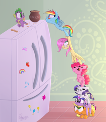 Size: 1920x2215 | Tagged: safe, artist:siggie740, derpibooru import, applejack, fluttershy, pinkie pie, rainbow dash, rarity, spike, twilight sparkle, dragon, earth pony, pegasus, pony, unicorn, baby spike, cookie, cookie jar, cute, diapinkes, eyes closed, female, filly, filly applejack, filly fluttershy, filly pinkie pie, filly rainbow dash, filly rarity, filly twilight sparkle, food, freckles, jackabetes, male, mane seven, mane six, one eye closed, open mouth, puffy cheeks, raribetes, refrigerator, shyabetes, smiling, spikabetes, teamwork, teamwork is magic, tongue out, tower of pony, twiabetes, younger