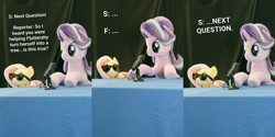 Size: 2394x1200 | Tagged: safe, alternate version, artist:nekokevin, fluttershy, starlight glimmer, pegasus, pony, unicorn, series:nekokevin's glimmy, ..., cute, dialogue, duo, female, frog (hoof), glimmerbetes, implied fluttertree, irl, mare, microphone, old shame, photo, plushie, shyabetes, sitting, smiling, sunglasses, table, text, underhoof