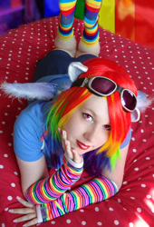 Size: 1283x1885 | Tagged: safe, artist:amphyrainbows, rainbow dash, human, clothes, cosplay, irl, irl human, missing shoes, photo, photoshop, rainbow socks, socks, solo, striped socks