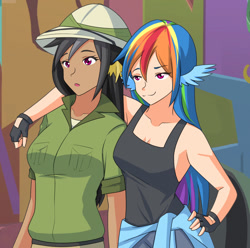 Size: 1280x1269 | Tagged: safe, artist:jonfawkes, derpibooru import, daring do, rainbow dash, human, stranger than fan fiction, :3, clothes, faic, female, fingerless gloves, gloves, hat, humanized, not creepy, pants, rainbow dash is best facemaker, scene interpretation, shirt around waist, smug, smugdash, tanktop, wing ears