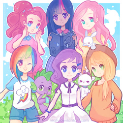 Size: 800x800 | Tagged: safe, artist:ieafy, derpibooru import, angel bunny, applejack, fluttershy, opalescence, pinkie pie, rainbow dash, rarity, spike, twilight sparkle, book, clothes, gem, humanized, mane seven, mane six, off shoulder, sweater, sweatershy