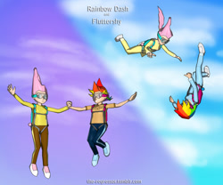 Size: 1280x1067 | Tagged: safe, artist:the regressor, fluttershy, rainbow dash, human, 3d, air ponyville, falling, humanized, parachute, skydiving