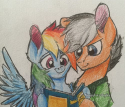 Size: 2277x1950 | Tagged: safe, artist:snowfoxythefox, derpibooru import, quibble pants, rainbow dash, pegasus, pony, stranger than fan fiction, cute, female, male, quibbledash, reading, reading rainboom, shipping, straight, traditional art