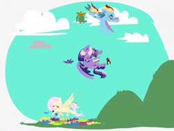 Size: 1024x768 | Tagged: safe, artist:supernoncutie, fluttershy, rainbow dash, tank, twilight sparkle, twilight sparkle (alicorn), alicorn, bird, pegasus, pony, animal, book, female, flower, flying, mare, pet, reading, tooth