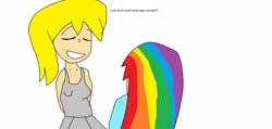 Size: 2476x1176 | Tagged: safe, artist:my little brony friend, derpibooru import, derpy hooves, rainbow dash, human, 1000 hours in ms paint, dialogue, humanized, ms paint, scene interpretation, simple background, white background