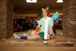 Size: 900x600 | Tagged: safe, artist:yukizeal, rainbow dash, human, clothes, converse, cosplay, irl, irl human, photo, scarf, skirt, sneakers, solo