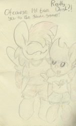 Size: 658x1087 | Tagged: safe, artist:slightlyshade, derpibooru import, rainbow dash, scootaloo, pegasus, pony, bipedal, clothes, dialogue, open mouth, scootalove, sketch, traditional art