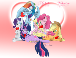 Size: 5078x3850 | Tagged: safe, artist:v-d-k, derpibooru import, applejack, fluttershy, pinkie pie, rainbow dash, rarity, twilight sparkle, earth pony, pegasus, pony, unicorn, female, flexible, heart, lesbian, mane six, mare, omniship, shipping, valentine's day