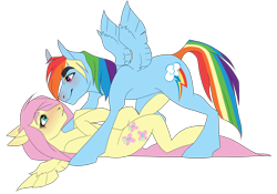 Size: 1024x717 | Tagged: safe, artist:fluffyrainbowsheep, derpibooru import, fluttershy, rainbow dash, pegasus, pony, blushing, female, flutterdash, lesbian, mare, on back, shipping, simple background, spread wings, transparent background