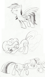 Size: 1021x1738 | Tagged: safe, artist:kittyhawk-contrail, derpibooru import, pinkie pie, rainbow dash, twilight sparkle, earth pony, pegasus, pony, monochrome