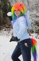 Size: 712x1121 | Tagged: safe, artist:bluepaws21, rainbow dash, human, clothes, cosplay, gloves, irl, irl human, jeans, photo, snow, solo