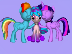 Size: 768x576 | Tagged: safe, rainbow dash, twilight sparkle, twilight sparkle (alicorn), oc, oc:shiny dawn, alicorn, pegasus, pony, choker, colored wings, eyes closed, female, gradient hooves, gradient wings, lesbian, looking at you, magical lesbian spawn, mama twilight, mare, nuzzling, offspring, pony creator 3d, ponylumen, shipping, sitting, smiling, standing, twidash