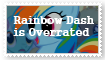 Size: 105x60 | Tagged: safe, derpibooru import, edit, edited screencap, screencap, rainbow dash, pegasus, pony, caption, deviantart stamp, female, frown, mare, op is a cuck, op is trying to start shit, open mouth, opinion, smiling, solo focus, text