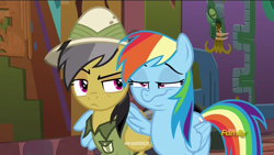 Size: 1366x768 | Tagged: safe, derpibooru import, screencap, daring do, rainbow dash, pegasus, pony, stranger than fan fiction, discovery family logo, dungeon, equestria net, faic, hug, lost temple of chicomoztoc, raised eyebrow, winghug