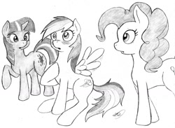 Size: 1500x1095 | Tagged: safe, artist:dj-black-n-white, derpibooru import, pinkie pie, rainbow dash, twilight sparkle, earth pony, pegasus, pony, monochrome, traditional art, wingboner