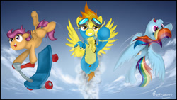 Size: 1024x576 | Tagged: safe, artist:tetrapony, rainbow dash, scootaloo, spitfire, pegasus, pony, clothes, scooter, torn clothes, wonderbolts uniform