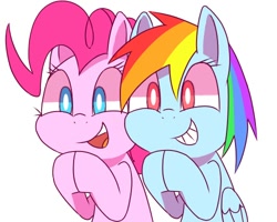 Size: 500x400 | Tagged: safe, artist:30clock, derpibooru import, pinkie pie, rainbow dash, earth pony, pegasus, pony, female, grin, hooves together, mare, pixiv, simple background, smiling, white background