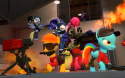 Size: 1680x1050 | Tagged: safe, artist:asmodeusthesexlord, derpibooru import, rainbow dash, earth pony, pegasus, pony, unicorn, 3d, butterfly knife, derpy soldier, engiejack, engineer, female, fire, flamethrower, gmod, gun, hooves, horn, mare, optical sight, pinkie pyro, pyro, rainbow scout, rarispy, rifle, rocket launcher, scattergun, scout, sentry gun, sniper, sniper rifle, soldier, spread wings, spy, team fortress 2, twilight sniper, weapon, wings, wrench