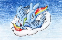 Size: 2591x1689 | Tagged: safe, artist:40kponyguy, derpibooru exclusive, derpibooru import, rainbow dash, pegasus, pony, cloud, cute, dashabetes, on back, one eye closed, solo, traditional art