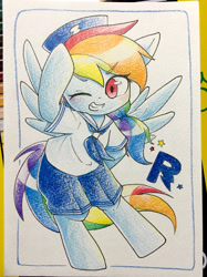 Size: 1280x1707 | Tagged: safe, artist:yukimaki, derpibooru import, rainbow dash, pegasus, pony, one eye closed, sailor uniform, solo, wink