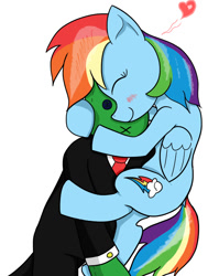 Size: 680x900 | Tagged: safe, artist:php73, derpibooru import, rainbow dash, oc, oc:anon, pegasus, pony, canon x oc, cute, cutie mark, doll, eyes closed, female, heart, mare, shipping, simple background, smiling, solo, toy, white background
