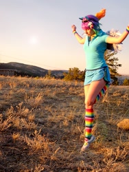 Size: 600x800 | Tagged: safe, artist:sakai-mew-sky, rainbow dash, human, clothes, cosplay, irl, irl human, photo, rainbow socks, shorts, socks, solo, striped socks