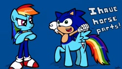 Size: 1190x672 | Tagged: safe, artist:sheandog, rainbow dash, centaur, hybrid, crossed arms, crossover, dialogue, open mouth, simple background, sonic the hedgehog, sonic the hedgehog (series), what has science done