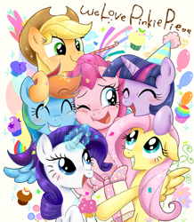 Size: 600x689 | Tagged: safe, artist:ichigoaimin, derpibooru import, applejack, fluttershy, pinkie pie, rainbow dash, rarity, twilight sparkle, earth pony, pegasus, pony, unicorn, action poster, cupcake, happy, hat, mane six, party hat, present, smiling