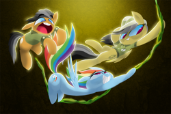 Size: 1500x1000 | Tagged: safe, artist:talonsofwater, derpibooru import, daring do, quibble pants, rainbow dash, pegasus, pony, stranger than fan fiction, clothes, hat, open mouth, swing, vine