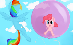 Size: 3000x1855 | Tagged: safe, artist:doe-shmo, derpibooru import, pinkie pie, rainbow dash, earth pony, pegasus, pony, balloon, cloud, cloudy, pinkie pie trapped in a balloon, sky, then watch her balloons lift her up to the sky