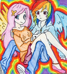 Size: 1524x1692 | Tagged: safe, artist:awkwardartist666, artist:racoonsan, edit, angel bunny, fluttershy, rainbow dash, human, breasts, clothes, converse, humanized, off shoulder, shoes, skirt, sweater, sweatershy, traditional art, winged humanization