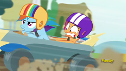 Size: 1280x720 | Tagged: safe, derpibooru import, screencap, rainbow dash, scootaloo, pegasus, pony, the cart before the ponies, cart, driving, duo, helmet, open mouth, racing, seatbelt, steering wheel