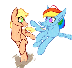 Size: 855x800 | Tagged: safe, artist:catanddogsoup, derpibooru import, applejack, rainbow dash, earth pony, pegasus, pony, blonde mane, blue coat, blue wings, duo, female, mare, multicolored mane, orange coat, wings