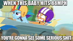 Size: 800x450 | Tagged: safe, derpibooru import, edit, edited screencap, screencap, rainbow dash, scootaloo, pegasus, pony, the cart before the ponies, back to the future, caption, helmet, image macro, meme, movie quote, vulgar