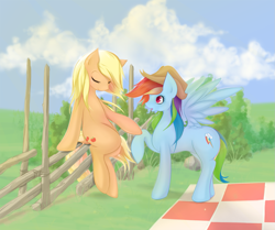 Size: 1387x1160 | Tagged: safe, artist:v-invidia, derpibooru import, applejack, rainbow dash, earth pony, pegasus, pony, accessory swap, appledash, cloud, cloudy, female, fence, hat, lesbian, shipping, sitting