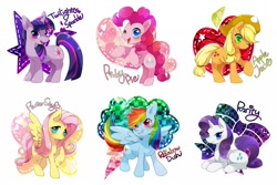 Size: 1200x800 | Tagged: safe, artist:zakro, derpibooru import, applejack, fluttershy, pinkie pie, rainbow dash, rarity, twilight sparkle, unicorn twilight, earth pony, pegasus, pony, unicorn, mane six, pixiv, sparkles