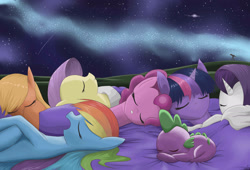 Size: 2200x1500 | Tagged: safe, artist:mricantdraw, derpibooru import, applejack, fluttershy, pinkie pie, rainbow dash, rarity, spike, twilight sparkle, dragon, earth pony, pegasus, pony, unicorn, :o, cuddle puddle, cute, eyes closed, galaxy, mane seven, mane six, milky way galaxy, night, on back, on side, open mouth, pony pile, prone, shooting star, sky, sleeping, sleeping bag, stars, telescope