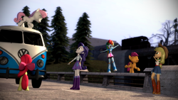 Size: 1920x1080 | Tagged: safe, artist:johnflaherty, derpibooru import, apple bloom, applejack, rainbow dash, rarity, scootaloo, sweetie belle, equestria girls, 3d, balancing, blank flank, bridge, car, cute, cutie mark crusaders, eyes closed, gmod, microbus, shadow, sisters, tongue out, train, tree, van, volkswagen, volkswagen transporter, volkswagen type 2