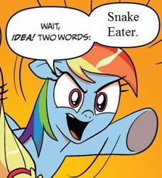 Size: 334x366 | Tagged: safe, rainbow dash, earth pony, pegasus, pony, blonde mane, blue coat, blue wings, dialogue, exploitable meme, female, mare, meme, metal gear, metal gear solid 3, multicolored hair, open mouth, orange background, raised hoof, raised leg, simple background, smiling, snake eater, song, speech bubble, two words meme, underhoof, wings
