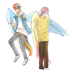 Size: 2000x2000 | Tagged: safe, artist:laigubalane, butterscotch, fluttershy, rainbow blitz, rainbow dash, human, blushing, clothes, converse, ear piercing, eared humanization, humanized, piercing, rule 63, shoes, sweatershy, tailed humanization, winged humanization