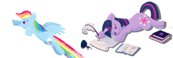 Size: 1291x433 | Tagged: safe, artist:denalilobita, artist:growly, rainbow dash, twilight sparkle, pegasus, pony, action, book, happy, ink, quill pen, sleeping, smiling, spill, superman pose