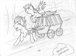 Size: 1010x744 | Tagged: safe, artist:rainbow-deathblow, rainbow dash, soarin', pegasus, pony, female, goatee, male, monochrome, pie cart, shipping, sketch, soarindash, stealing, straight