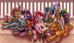 Size: 4965x2885 | Tagged: safe, artist:gsphere, derpibooru import, angel bunny, applejack, fluttershy, pinkie pie, princess celestia, rainbow dash, rarity, spike, twilight sparkle, alicorn, dragon, earth pony, pegasus, pony, unicorn, absurd resolution, baby, baby dragon, baking, book, cute, cutelestia, dashabetes, diapinkes, eyes closed, female, freckles, hair styling, jackabetes, magic, male, mane seven, mane six, mare, one eye closed, open mouth, raribetes, reading, shyabetes, spikabetes, tail wrap, tongue out, twiabetes