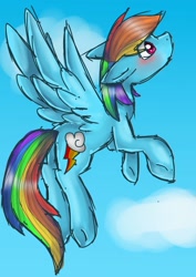 Size: 1000x1414 | Tagged: safe, artist:crystalsketch342, derpibooru import, rainbow dash, pegasus, pony, blushing, flying, solo