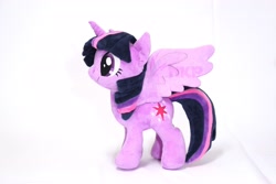 Size: 3000x2000 | Tagged: safe, artist:nekokevin, twilight sparkle, twilight sparkle (alicorn), alicorn, pony, cutie mark, female, irl, mare, photo, plushie, simple background, smiling, solo, spread wings, watermark, white background, wings