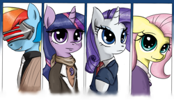 Size: 1418x816 | Tagged: safe, artist:ophd, fluttershy, rainbow dash, rarity, twilight sparkle, pegasus, pony, unicorn, ace attorney, godot, maya fey, mia fey, parody, phoenix wright